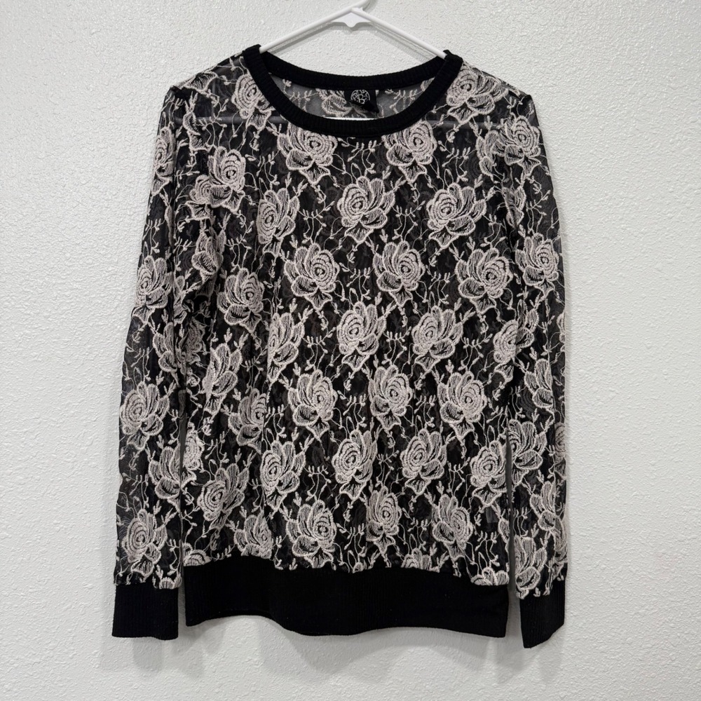 Bobeau Black Lace Rose Floral Sheer Long Sleeve Top Womens Size L